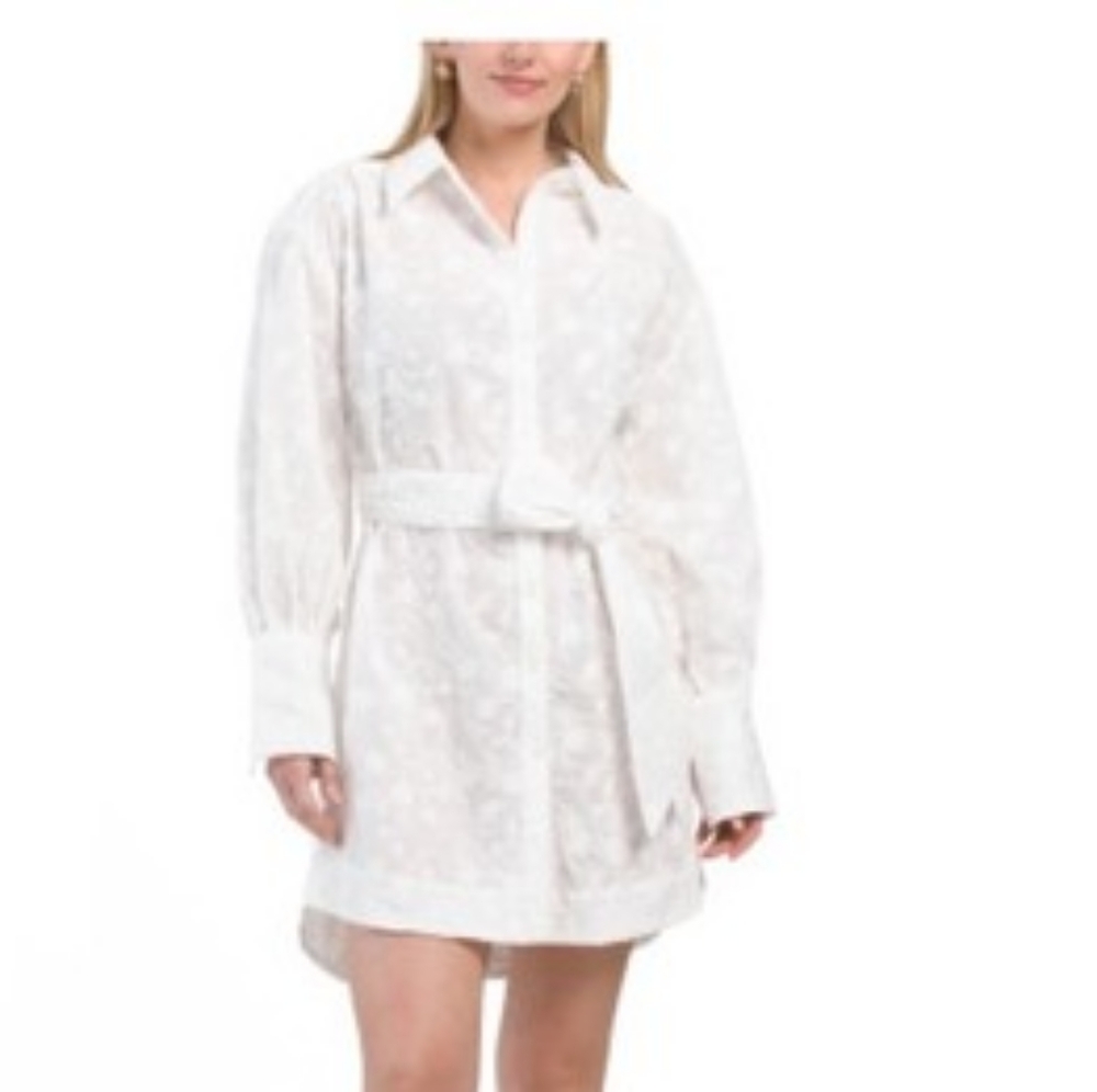Super Natural By Secret Mission Elegant White Embroidered Shrit Dress with Belt